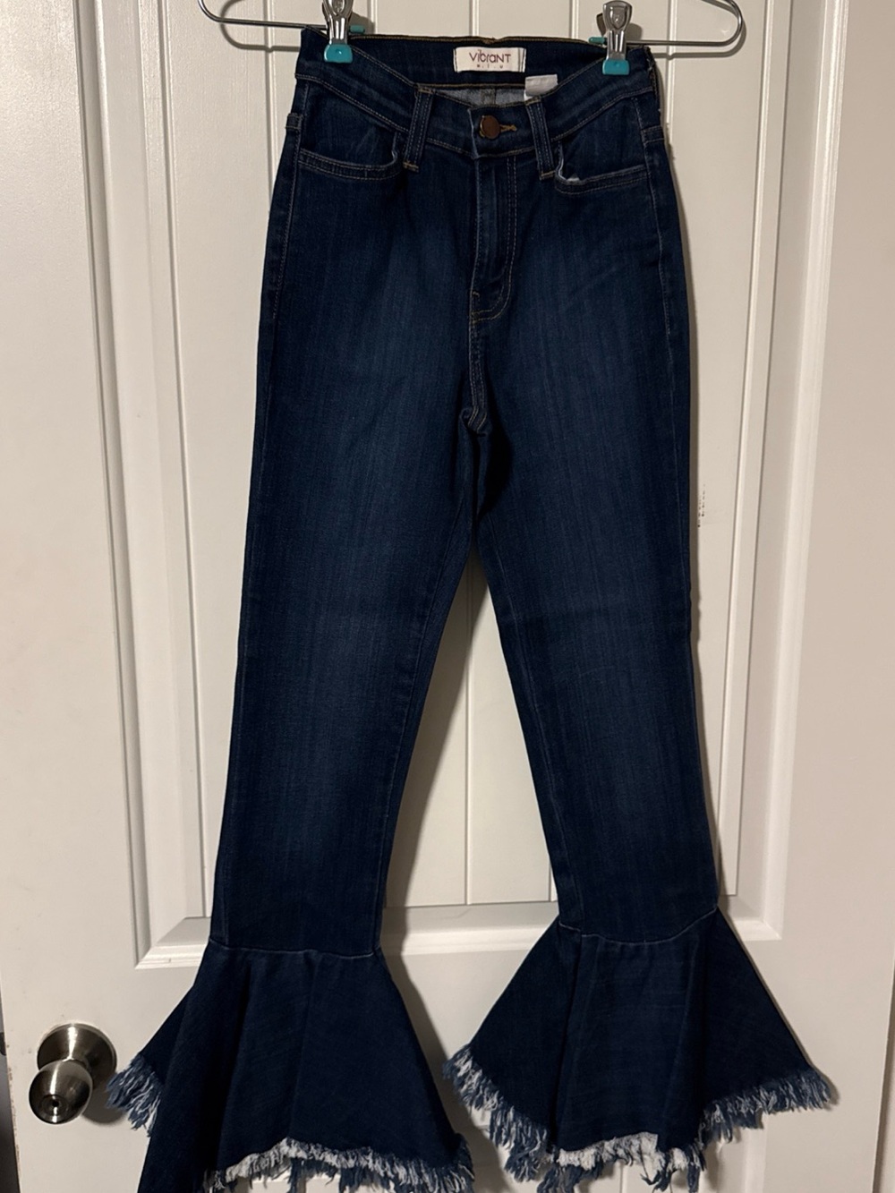 Vibrant Miu Dark Indigo Flared Boho Hippie Retro Jeans with Frayed Bell Hem